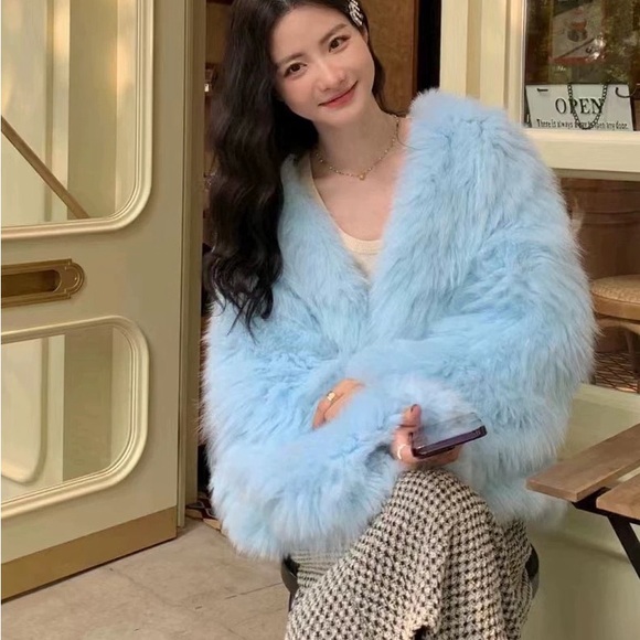 Women's Light Blue 100% real fox Fur Coat jacket top New